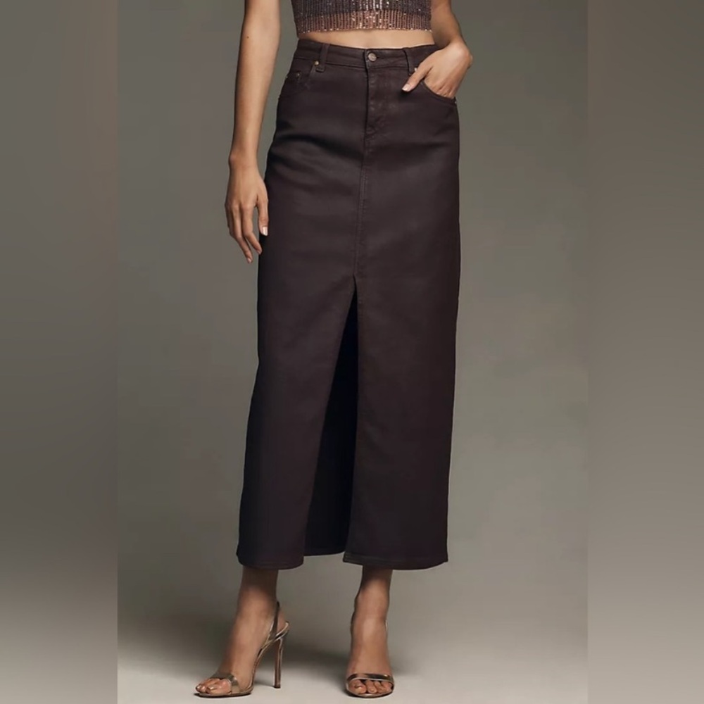Pilcro Anthropologie The Madi brown maxi skirt denim waxed front slit 2